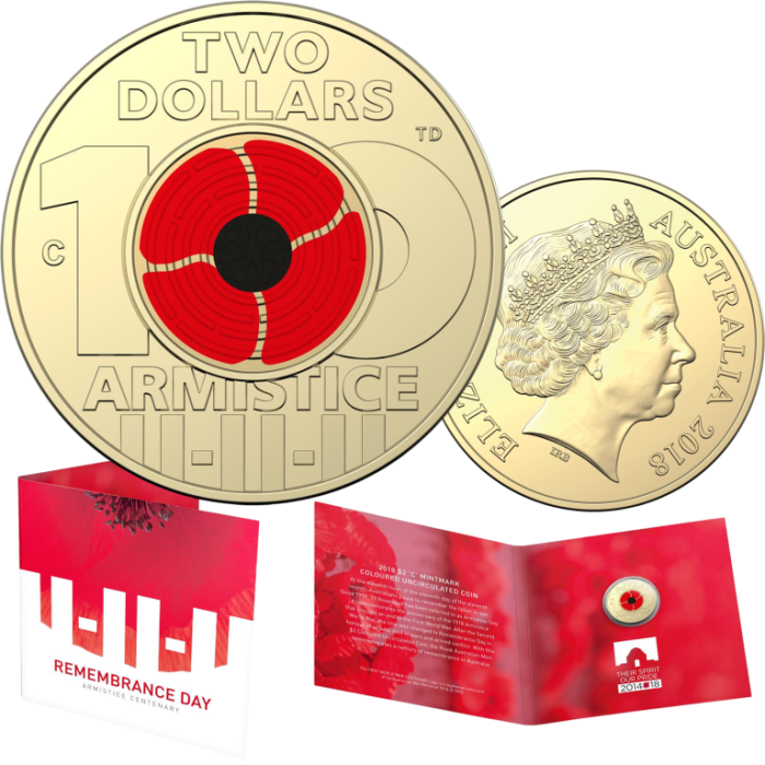 2018 armistice 2018 Australia Armistice $2 C Mintmark Coloured Coin on Card