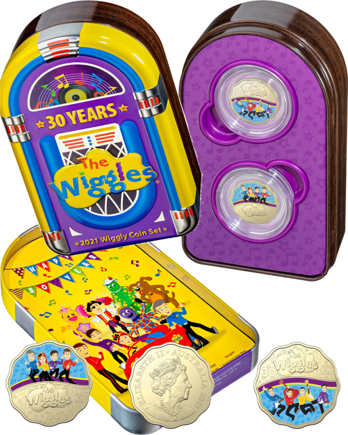 2021_30-years-of-the-Wiggles_30c-AIBr-Unc-Scalloped_TIN-OPEN 2021 Australia 30 Years of Wiggles 30c Scalloped Coloured Two Coin Set