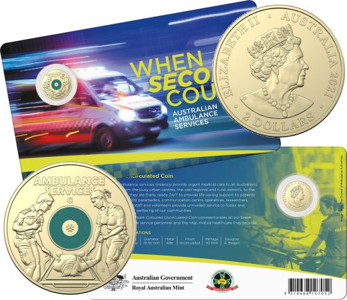 2021 Australia $2 AlBr 'C' Mintmark Ambulance Coloured Coin on Card