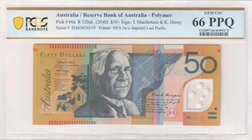 Australia 2003 DA03 Last Prefix Macfarlane Henry $50 Banknote PCGS 66PPQ #5172