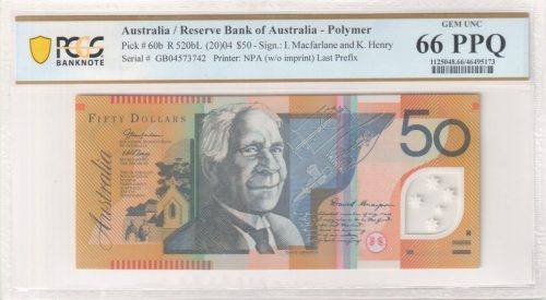 Australia 2004 GB04 Last Prefix Macfarlane Henry $50 Banknote PCGS 66PPQ #5173
