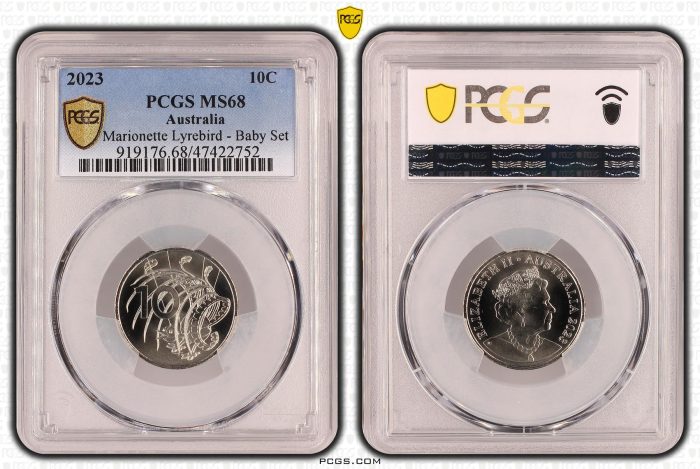 F83B2752-1 Australia 2023 Lyre Bird Baby Set Ten Cents 10c Coin PCGS MS68 #2752