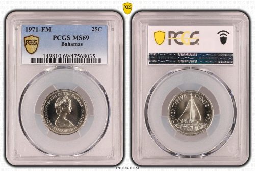 Bahamas 1971 FM Twenty Five Cents 25c Coin PCGS MS69 #8035