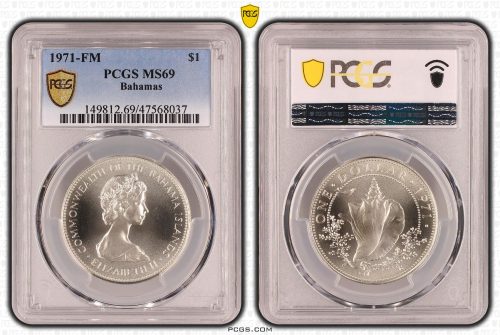 Bahamas 1971 FM One Dollar $1 Silver Coin PCGS MS69 #8037