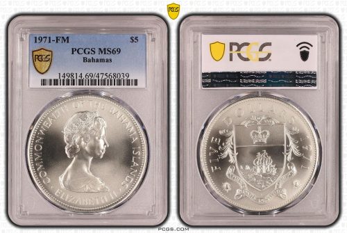Bahamas 1971 FM Five Dollars $5 Sterling Silver 42.12g Coin PCGS MS69 #8039