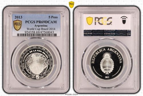 Argentina 2013 Fifa World Cup, Brazil 2014 Silver Proof 5 Peso Coin PCGS PR69DCAM #8043