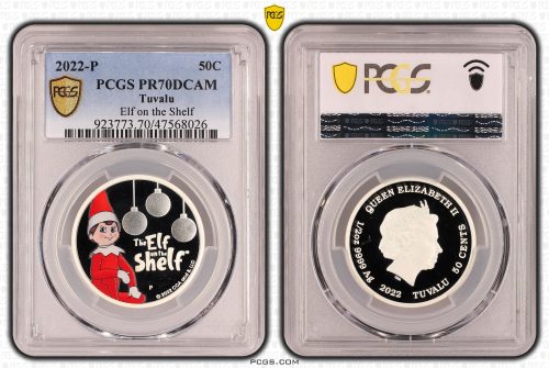 Tuvalu 2022 Elf on the Shelf 50c Silver Coloured Coin PCGS MS70 Eq Top Pop #8026