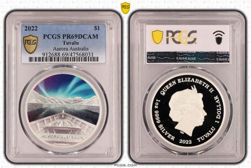 Tuvalu 2022 Aurora Australis One Dollar $1 Silver Proof Coloured Coin PCGS PR69DCAM #8031