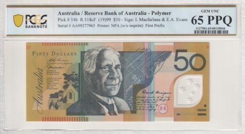 Australia First Prefix AA99 Macfarlane Evans $50 Banknote PCGS 65 PPQ #5044