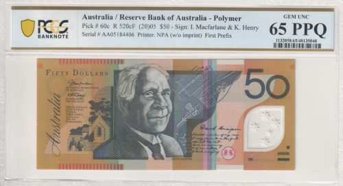 Australia First Prefix AA05 Macfarlane Henry $50 Banknote PCGS 65 PPQ #5048