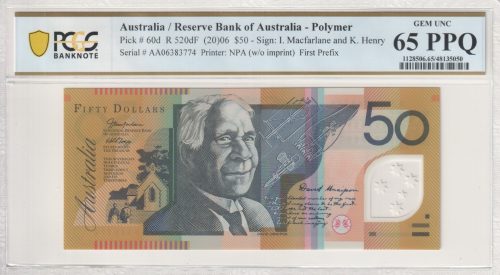 Australia First Prefix AA06 Macfarlane Henry $50 Banknote PCGS 65 PPQ #5050