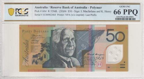 Australia Last Prefix JC06 Macfarlane Henry $50 Banknote PCGS 66 PPQ #5051
