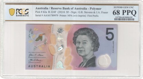 Australia 2016 First Prefix AA16 Stevens Fraser $5 Note PCGS 68 PPQ SUPERB GEM UNC #6255