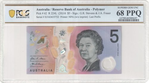 Australia 2016 Last Prefix EJ16 Stevens Fraser $5 Note PCGS 68 PPQ SUPERB GEM UNC #6257