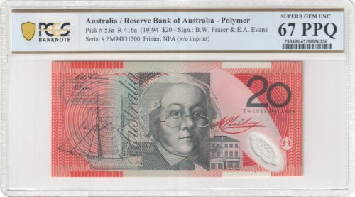 Australia 1994 Fraser Evans $20 Banknote PCGS SUP GEM UNC 67 PPQ #6336