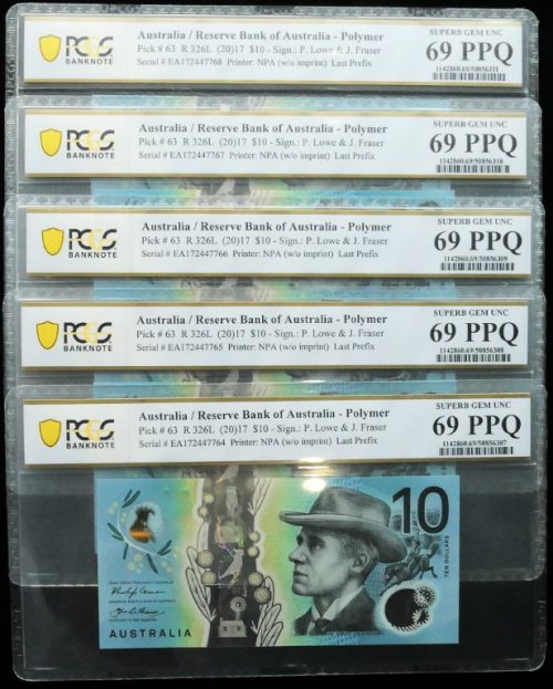5 x Consecutives 2017 Last Prefix EA17 $10 Notes PCGS SUPERB GEM UNC 69 PPQ #6307