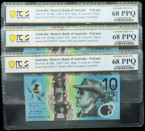 3 x Consecutives 2017 Last Prefix EA17 $10 Notes PCGS SUPERB GEM UNC 68 PPQ #6314