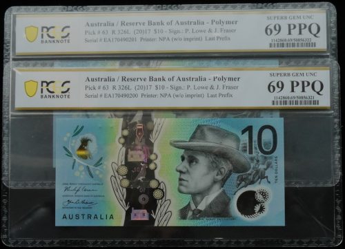 Consecutive Pair 2017 Last Prefix EA17 Lowe Fraser $10 Banknotes PCGS 69 PPQ #6321