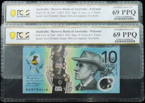 Consecutive Pair 2017 First Prefix AA17 Lowe Fraser $10 Banknotes PCGS 69 PPQ #6323