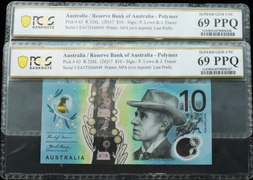 Consecutive Pair 2017 Last Prefix EA17 Lowe Fraser $10 Banknotes PCGS 69 PPQ #6327