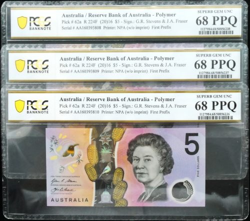 3 x Consecutives 2016 First Prefix AA16 $5 Banknotes PCGS SUP GEM UNC 68 PPQ #6236