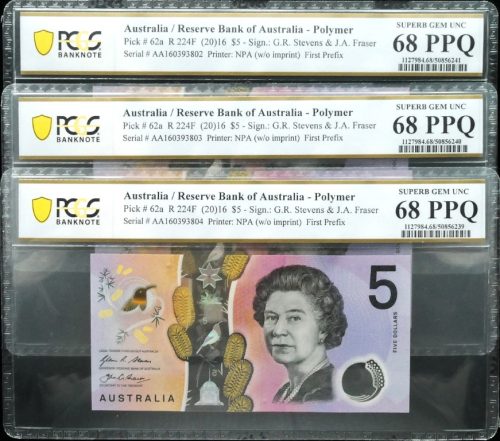 3 x Consecutives 2016 First Prefix AA16 $5 Banknotes PCGS SUP GEM UNC 68 PPQ #6239