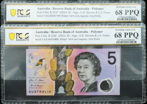 Consecutive Pair 2016 First Prefix AA16 $5 Banknotes PCGS SUP GEM UNC 68 PPQ #6243