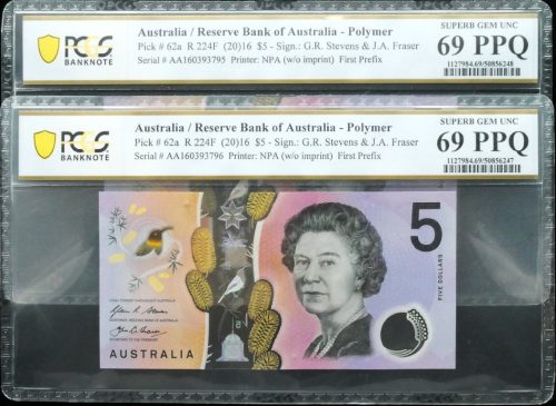 Consecutive Pair 2016 First Prefix AA16 $5 Banknotes PCGS SUP GEM UNC 69 PPQ #6247