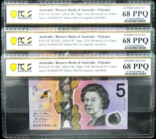 3 x Consecutives 2016 Last Prefix EJ16 $5 Notes PCGS SUPERB GEM UNC 68 PPQ #6260