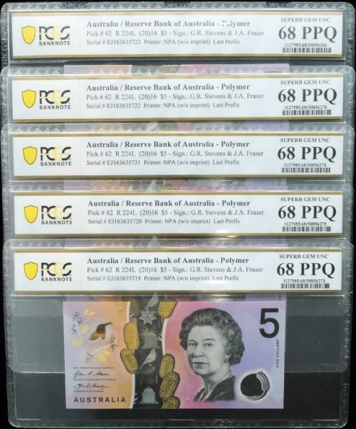 5 x Consecutives 2016 Last Prefix EJ16 $5 Notes PCGS SUPERB GEM UNC 68 PPQ #6266