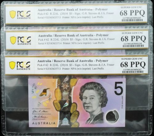 3 x Consecutives 2016 Last Prefix EJ16 $5 Notes PCGS SUPERB GEM UNC 68 PPQ #6267