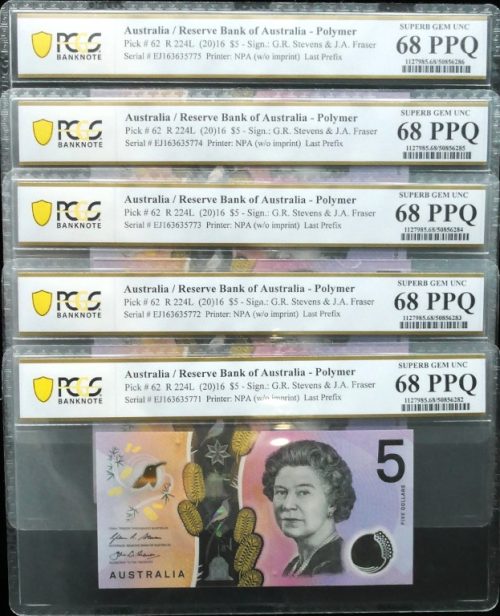5 x Consecutives 2016 Last Prefix EJ16 $5 Notes PCGS SUPERB GEM UNC 68 PPQ #6282