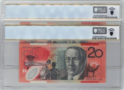 Consecutive Pair 1994 Fraser Evans $20 Banknotes PCGS GEM UNC 65 PPQ #6342