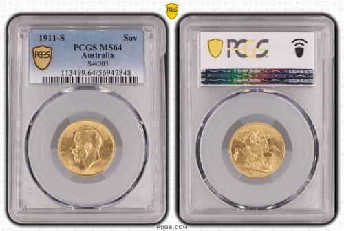 Australia 1911 S Full Gold Sovereign Coin PCGS MS64 Choice Unc #7848