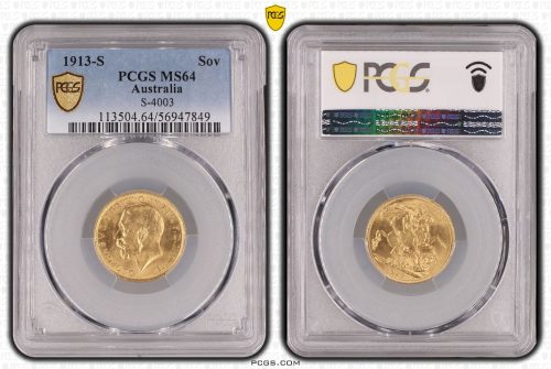 Australia 1913 S Full Gold Sovereign Coin PCGS MS64 Choice Unc #7849