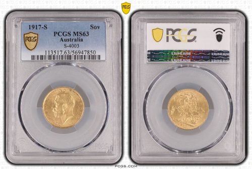 Australia 1917 S Full Gold Sovereign Coin PCGS MS63 Choice Unc #7850