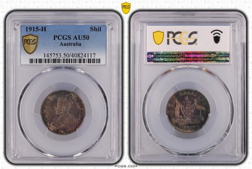 Australia 1915 H Key Date Silver Shilling Coin PCGS AU50 #4117