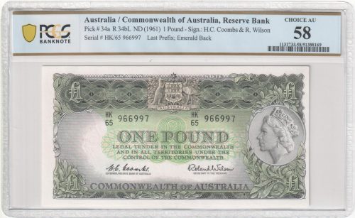 Australia 1961 Last Prefix HK65 £1 Pound Banknote PCGS CH AU 58 #8169