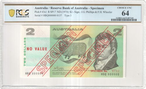 Australia 1974 Phillips Wheeler Type 3 $2 Specimen Note PCGS CH UNC 64 #7249