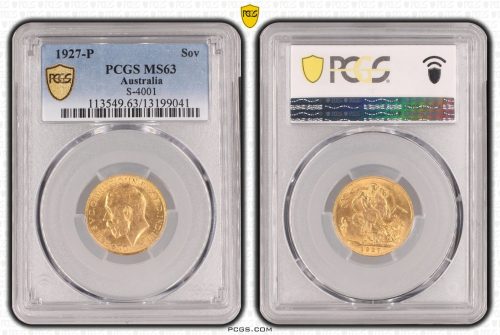 Australia 1927 P Semi Key Date Full Gold Sovereign Coin PCGS MS63 #9041 - Image 2