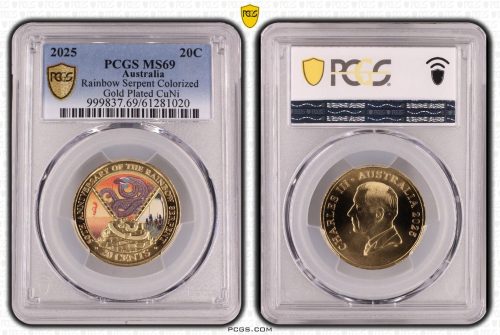 Australia 2025 Rainbow Serpent 20c Gold Plated Coin PCGS MS69 Eq Top Pop #1020