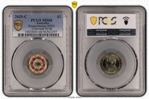 Australia 2025 C $2 Red Poppy Wreath Coloured Coin PCGS MS68 #2297