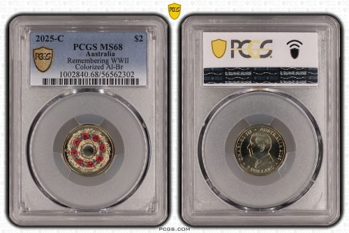 Australia 2025 C $2 Red Poppy Wreath Coloured Coin PCGS MS68 #2302