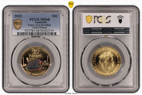 2022 20c Diary of a Wombat Gold Plated Coloured Coin PCGS MS68 #2319