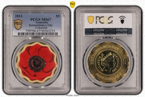 2011 Australia $5 Remembrance Day Red Poppy Coin PCGS MS67 #2253