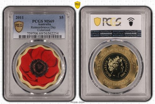 2011 Australia $5 Remembrance Day Red Poppy Coin PCGS MS69 Eq Top Pop #2254