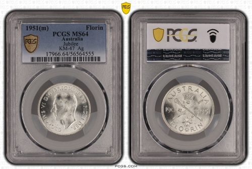 Australia 1951 m Jubilee Silver Florin Coin PCGS MS64 Choice Unc #4555