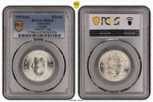 Australia 1951 m Jubilee Silver Florin Coin PCGS MS63 Choice Unc #4556