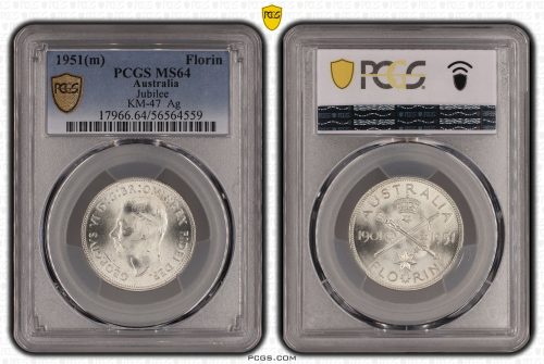 Australia 1951 m Jubilee Silver Florin Coin PCGS MS64 Choice Unc #4559