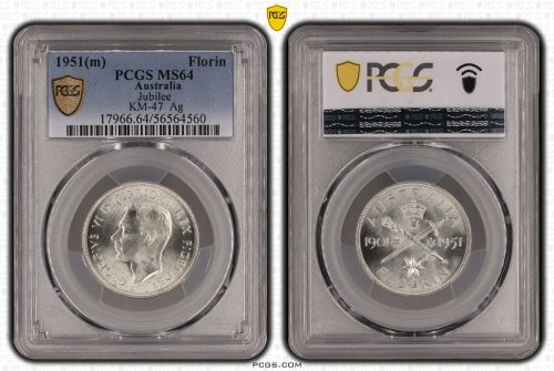 Australia 1951 m Jubilee Silver Florin Coin PCGS MS64 Choice Unc #4560